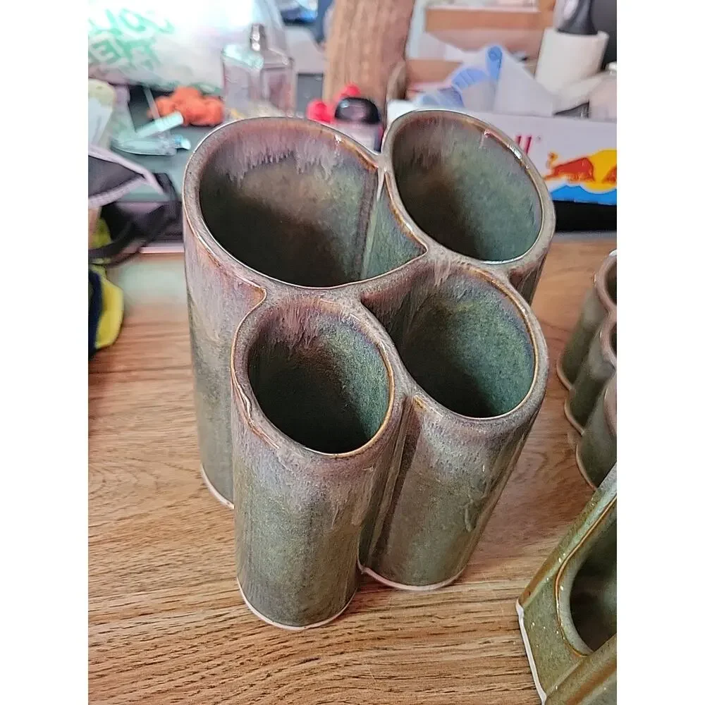 Bay Pottery Color Drip Glaze Vase Stationary Makeup Organizer Greenish Set Of 3